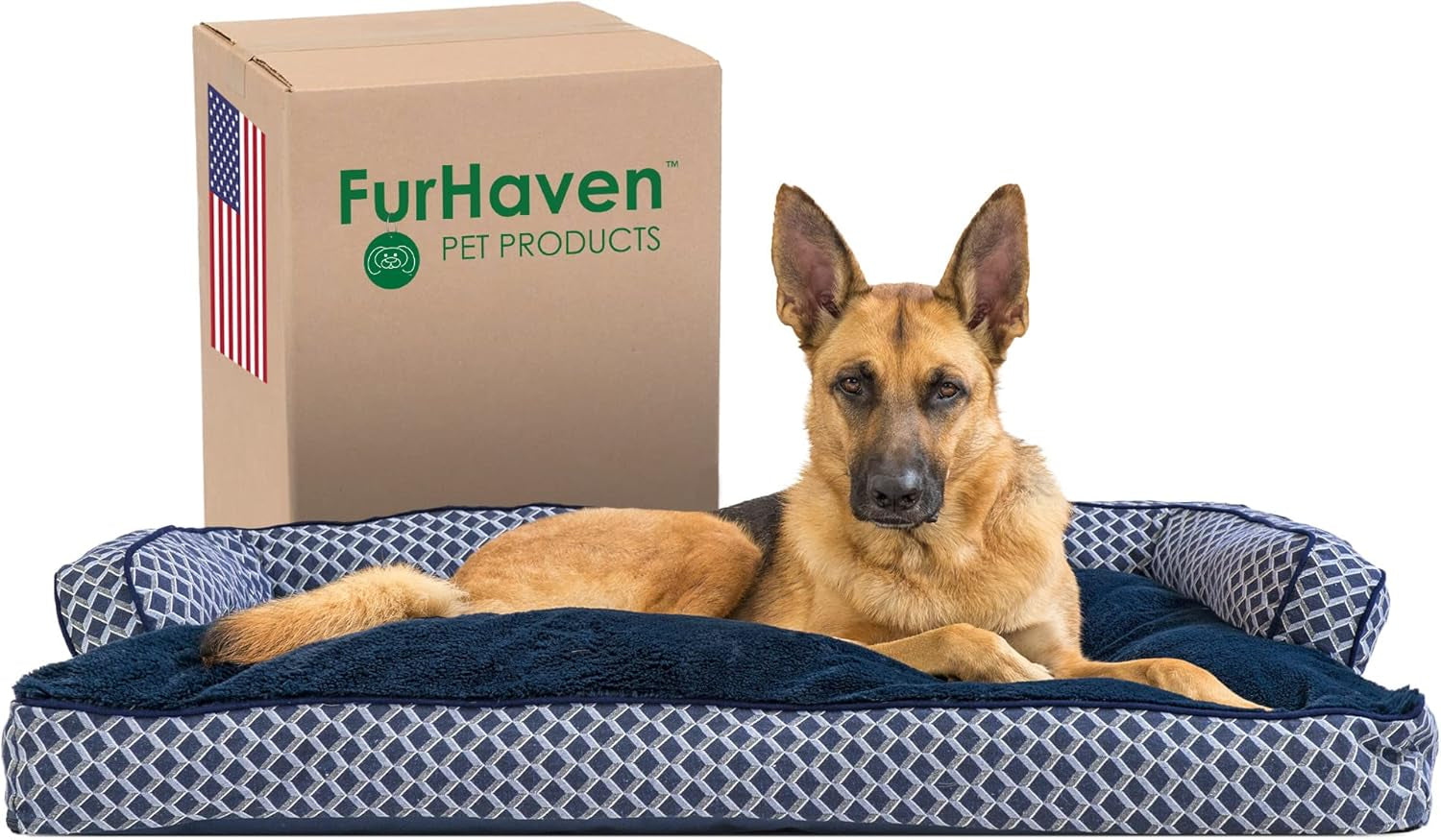 Pillow Dog Bed for Large Dogs W/ Removable Bolsters & Washable Cover - Plush & Woven Decor Comfy Couch Sofa - Diamond Blue, Jumbo/Xl